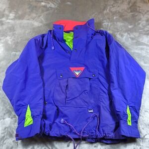 Vintage Ossi Ski Jacket Mens Medium Purple Neon Pullover Hooded Colorful 90s